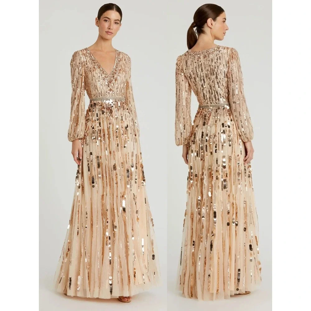 NWT Mac Duggal Beige Embellished Mesh Long Sleeve V Neck Gown $698 - Size 16